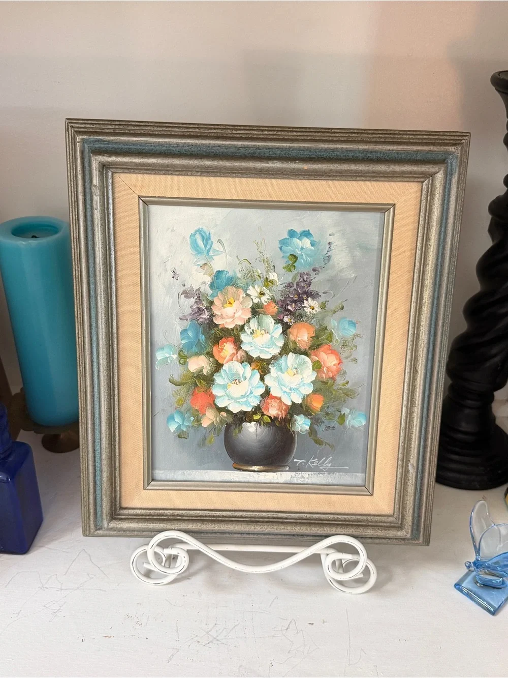 Vintage T Kelly Original Oil Painting Bouquet Wall Art - Blue Orange and Cream
